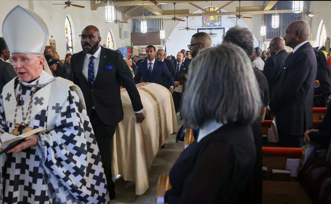 The casket of Thelma Gibson is wheeled out of the church as the conclusion of her funeral service as four generations of family members, dignitaries, politicians, friends, and Coconut Grove residents gathered Friday at Christ Episcopal Church to honor Thelma Gibson, a community leader who died 10 months before her 100th birthday. The service was held at the church where Gibson was baptized on Friday, February 27, 2026, in Miami, Florida.