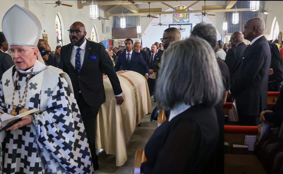 The casket of Thelma Gibson is wheeled out of the church as the conclusion of her funeral service as four generations of family members, dignitaries, politicians, friends, and Coconut Grove residents gathered Friday at Christ Episcopal Church to honor Thelma Gibson, a community leader who died 10 months before her 100th birthday. The service was held at the church where Gibson was baptized on Friday, February 27, 2026, in Miami, Florida.