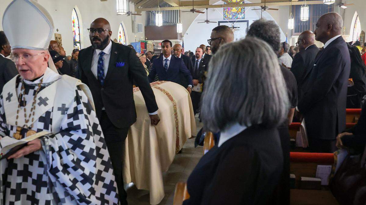 The casket of Thelma Gibson is wheeled out of the church as the conclusion of her funeral service as four generations of family members, dignitaries, politicians, friends, and Coconut Grove residents gathered Friday at Christ Episcopal Church to honor Thelma Gibson, a community leader who died 10 months before her 100th birthday. The service was held at the church where Gibson was baptized on Friday, February 27, 2026, in Miami, Florida.