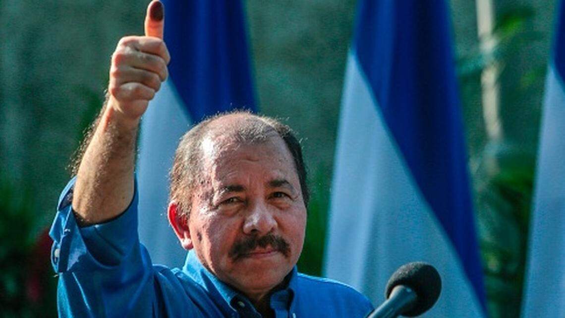 Nicaragua’s President Daniel Ortega gives the thumbs-up to supporters after casting his vote in the municipal elections in Managua in 2017.