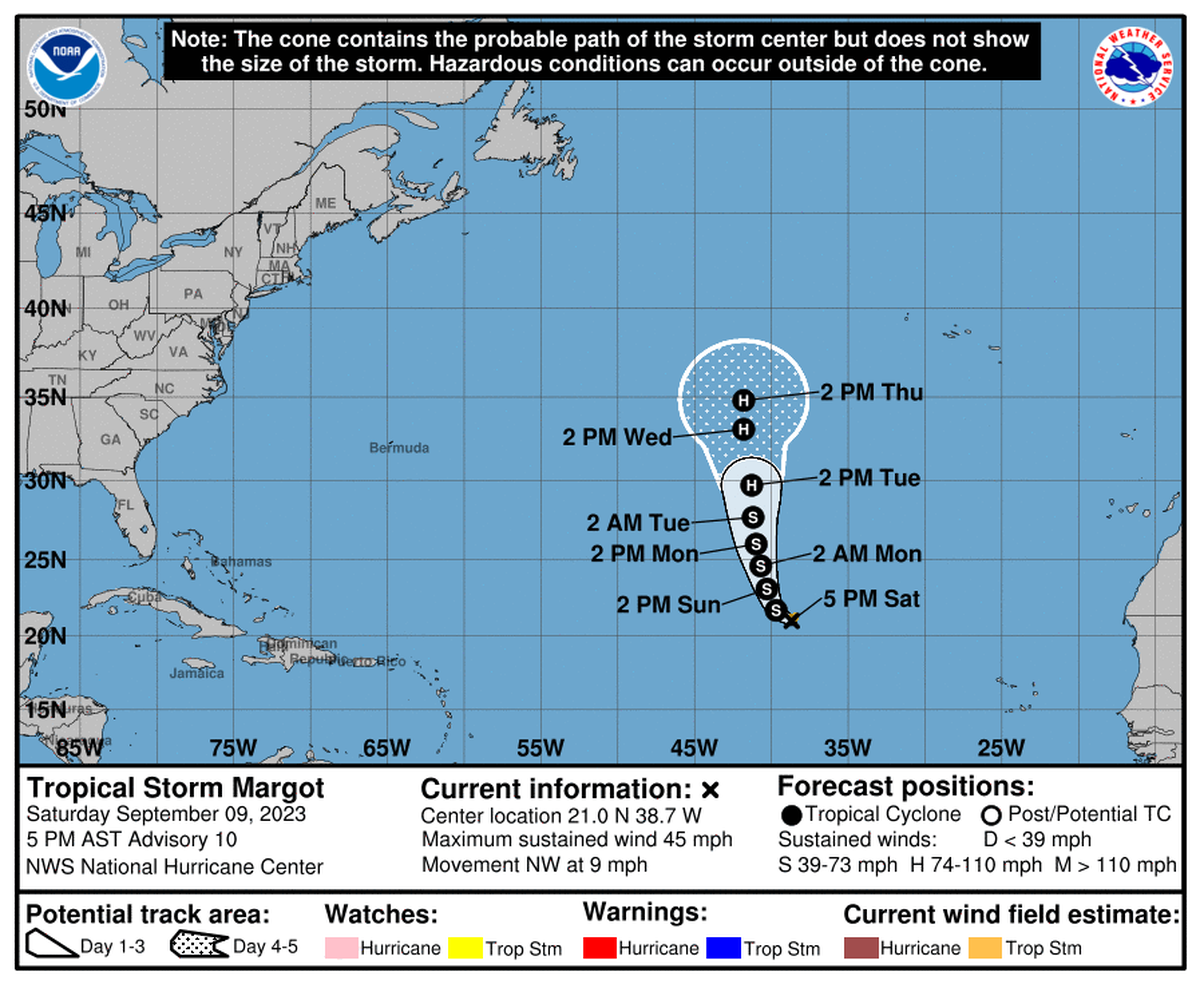 National Hurricane Center’s forecast map for Tropical Storm Margot at 5 p.m. Saturday, Sept. 9, 2023.
