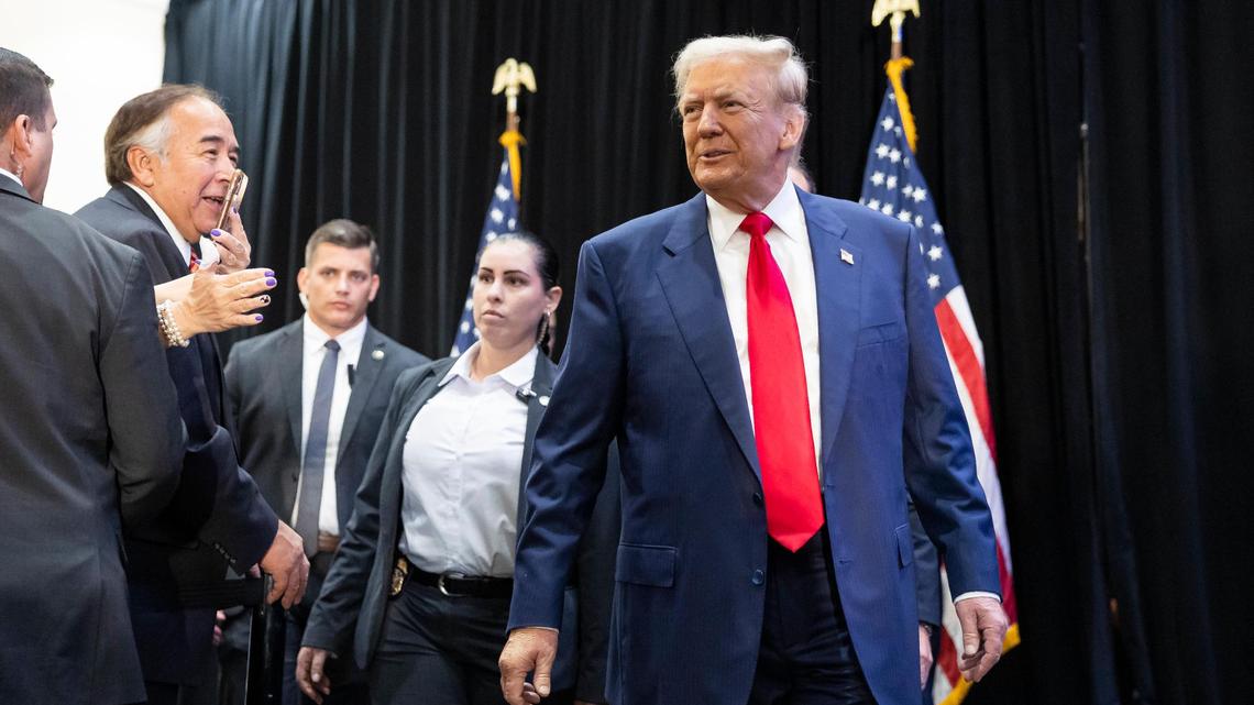 President-elect Donald Trump arrives to a roundtable discussion with local Latino leaders at Trump National Doral Miami on Tuesday, Oct. 22, 2024. On Tuesday, he ran up his 2020 winning margin in that city, home to one of his golf resorts.