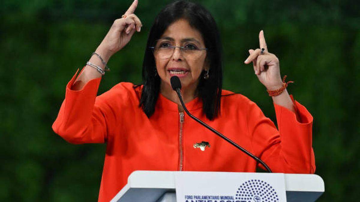 Venezuela's Vice President Delcy Rodriguez speaks during the Antifascist Global Parliamentary Forum in Caracas on Nov. 5, 2024.