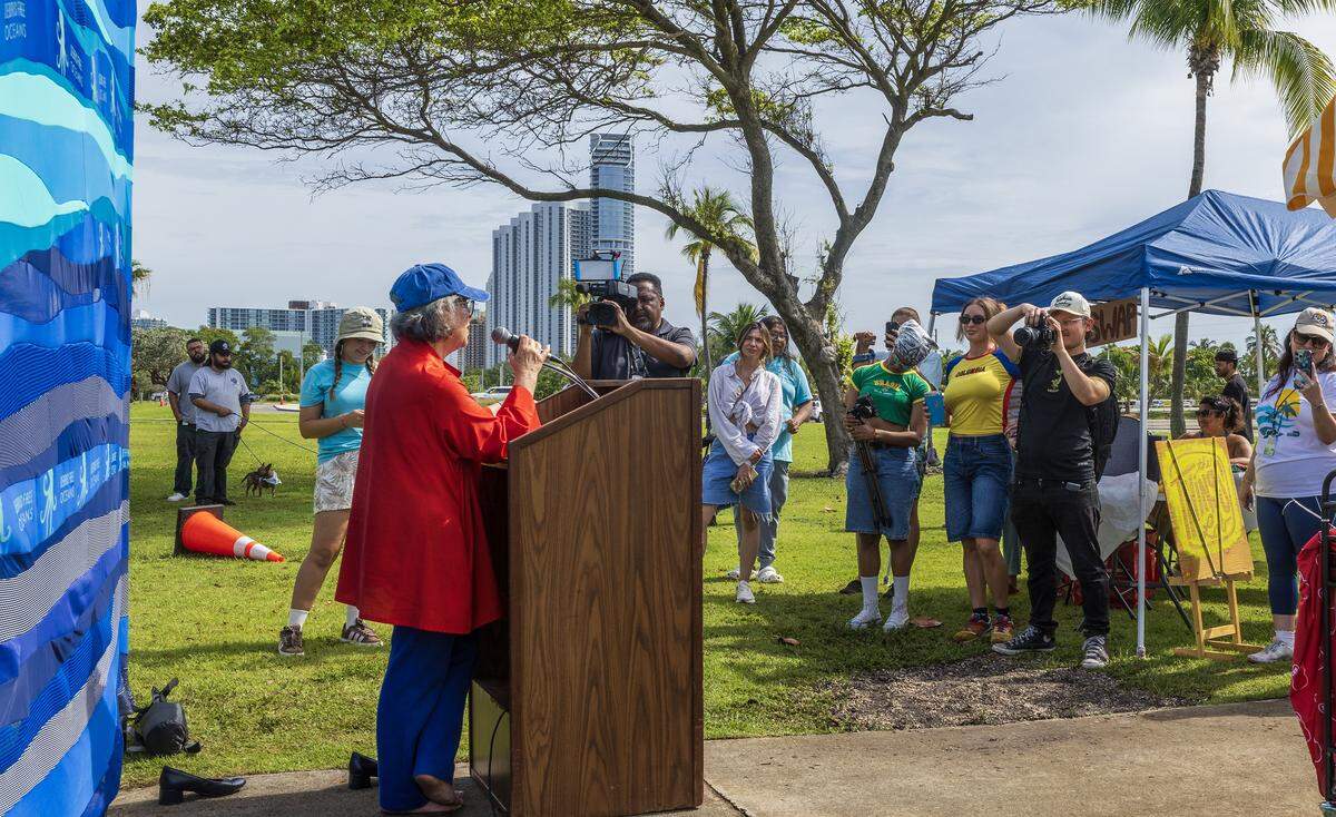Miami-Dade Mayor Daniella Levine Cava speaks, during the “World Pup” for Miami's dogs and soccer fans, Inspired by the Super Bowl's Puppy Bowl and just in time for Miami's 2026 Soccer World Cup matches, hosted by Miami-Dade County & Debris Free Oceans, at  Haulover Park, in Miami Beach, on Saturday, May 30, 2026.