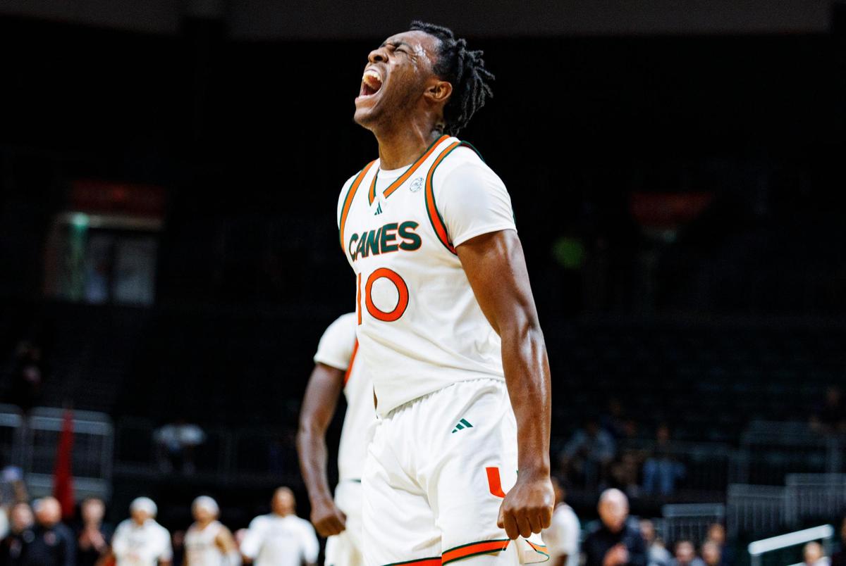 Hurricanes Paul Djobet (10) celebrates a dunk shot during the first alf of a game against Saint Leo on Wednesday, Oct. 30, 2024, at Watsco Center at the University of Miami in Coral Gables, Fla.
