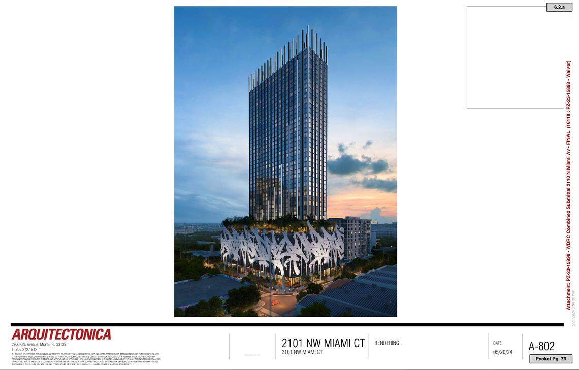 A rendering of a 48-story tower that would rise in Wynwood under the state Live Local Act. Members of the Wynwood Design Review Committee said they have no ability under the Live Local pre-emption rules to address the project’s size and scope, even though most felt it was wildly out of scale with the neighborhood.