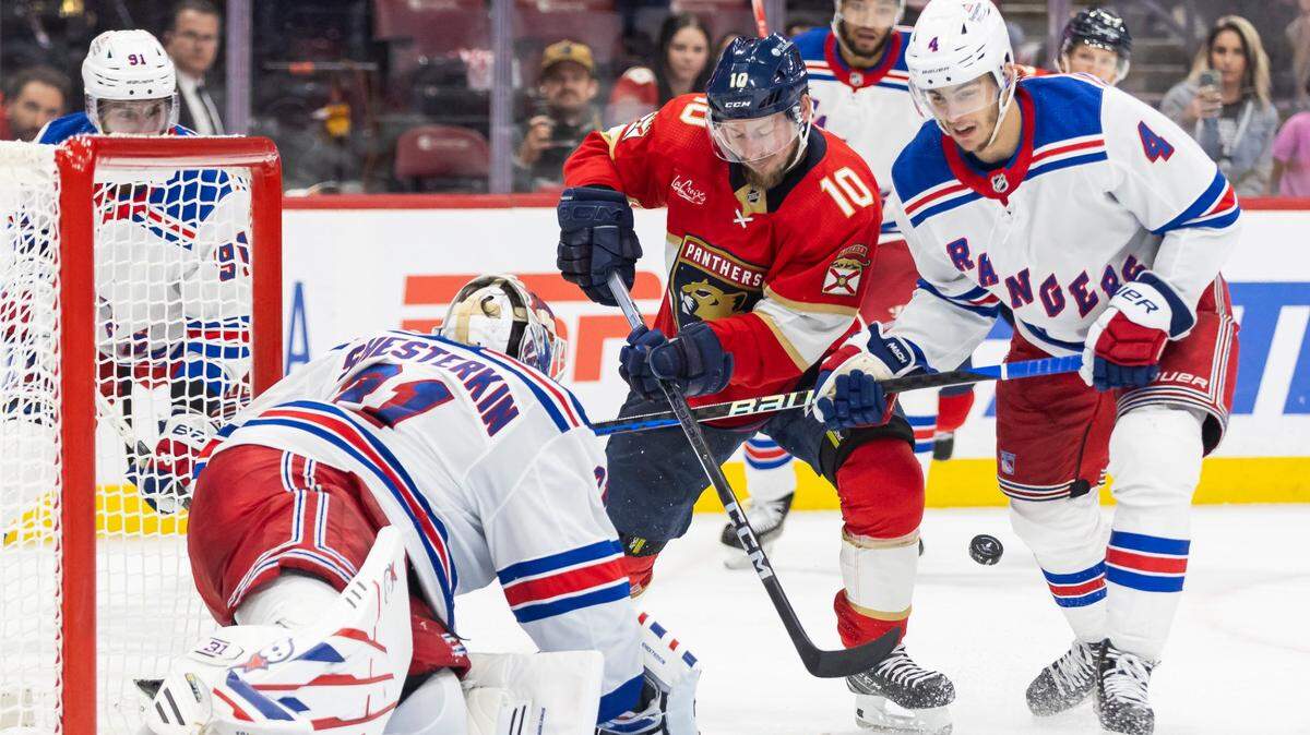 Florida Panthers right wing Vladimir Tarasenko (10) tries to score against New York Rangers goaltender Igor Shesterkin (31) as defenseman Braden Schneider (4) defends in the third period of Game 4 during the Eastern Conference finals of the NHL hockey Stanley Cup playoffs at the Amerant Bank Arena on Tuesday, May 28, 2024, in Sunrise, Fla.