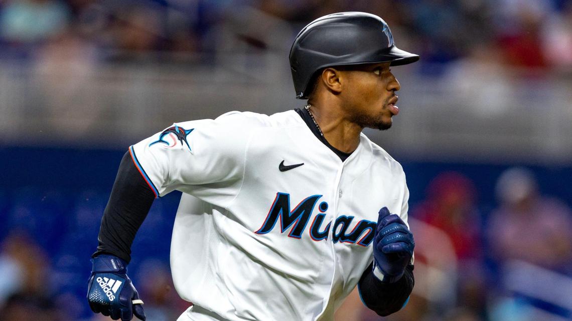 Miami Marlins base runner Xavier Edwards (63) runs toward first base for a single during the seventh inning of a MLB game against the Atlanta Braves at loanDepot Park, in Miami, Florida, on Wednesday, May 3, 2023.