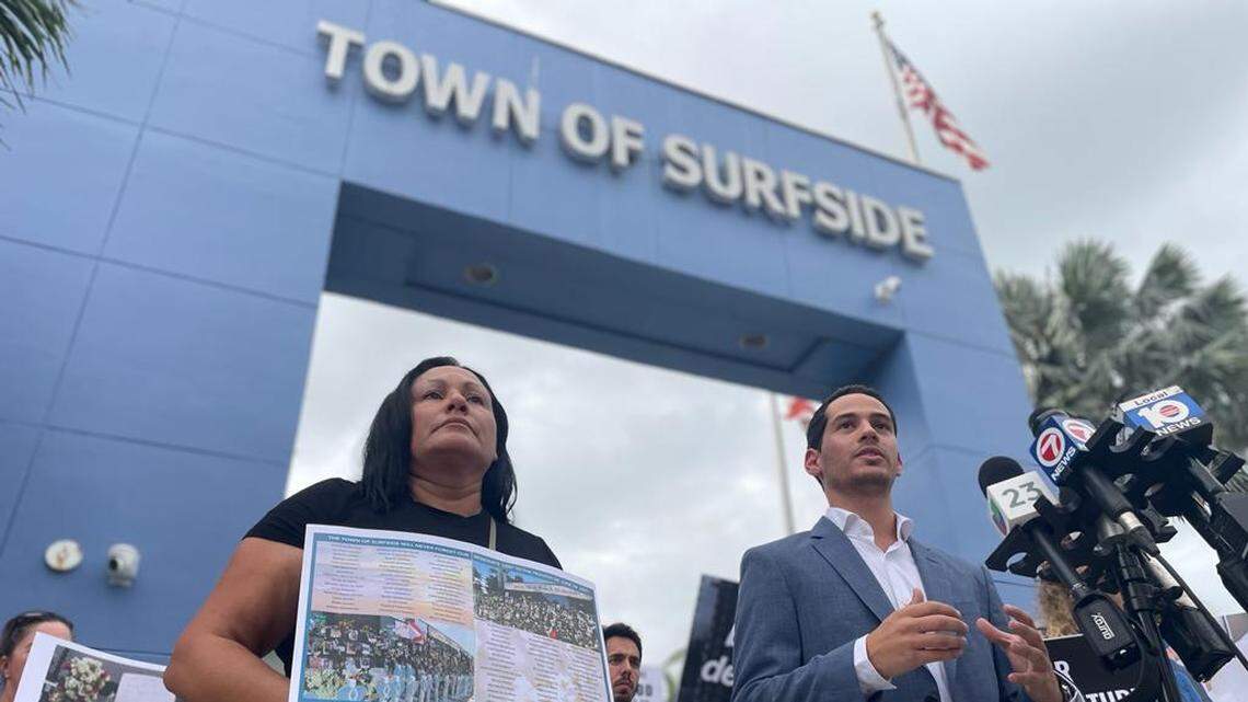 Martin Langesfeld, whose sister Nicole Langesfeld and other family members were killed in the Champlain Towers South collapsed, addressed news reporters outside Surfside’s town hall on Wednesday, Sept. 27, 2023. Next to him stood Surfside Commissioner Nelly Velasquez.
