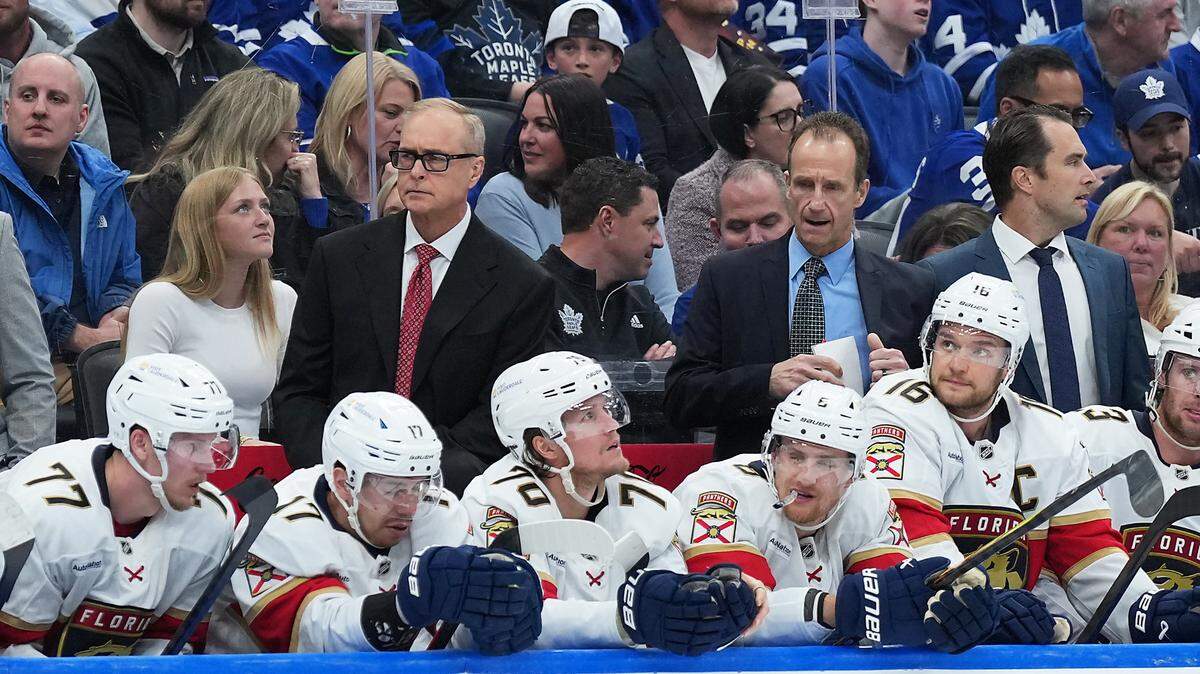 May 7, 2025; Toronto, Ontario, CAN; Florida Panthers head coach Paul Maurice watches the play against the Toronto Maple Leafs during the third period in game two of the second round of the 2025 Stanley Cup Playoffs at Scotiabank Arena. Mandatory Credit: Nick Turchiaro-Imagn Images