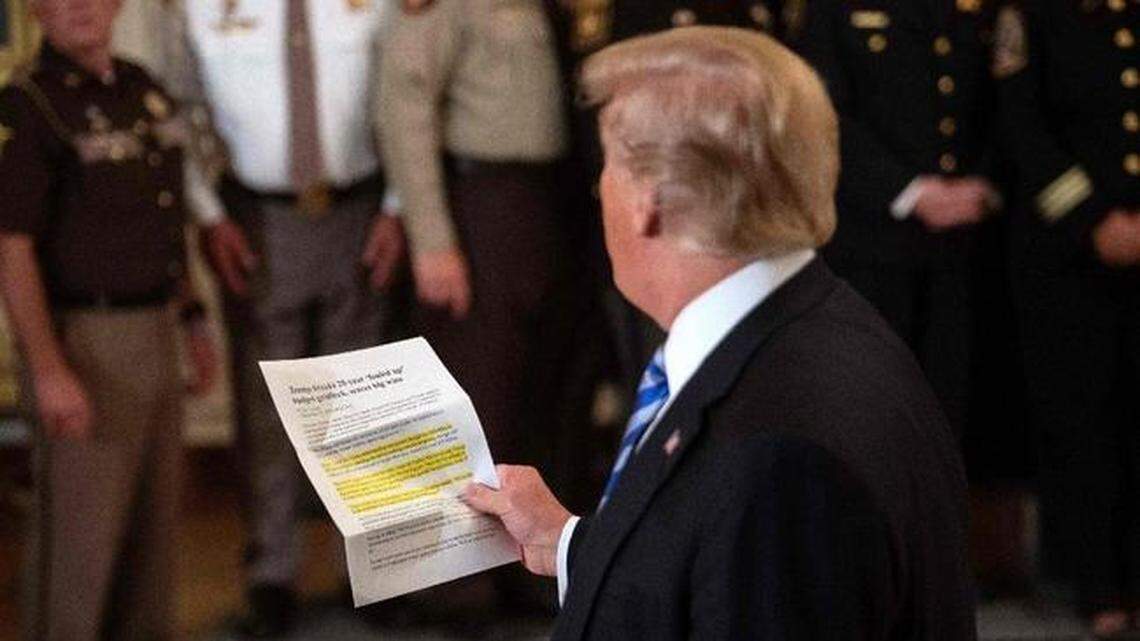President Trump reads an article praising his administration in response to scathing essay written, anonymously, by a White House insider.