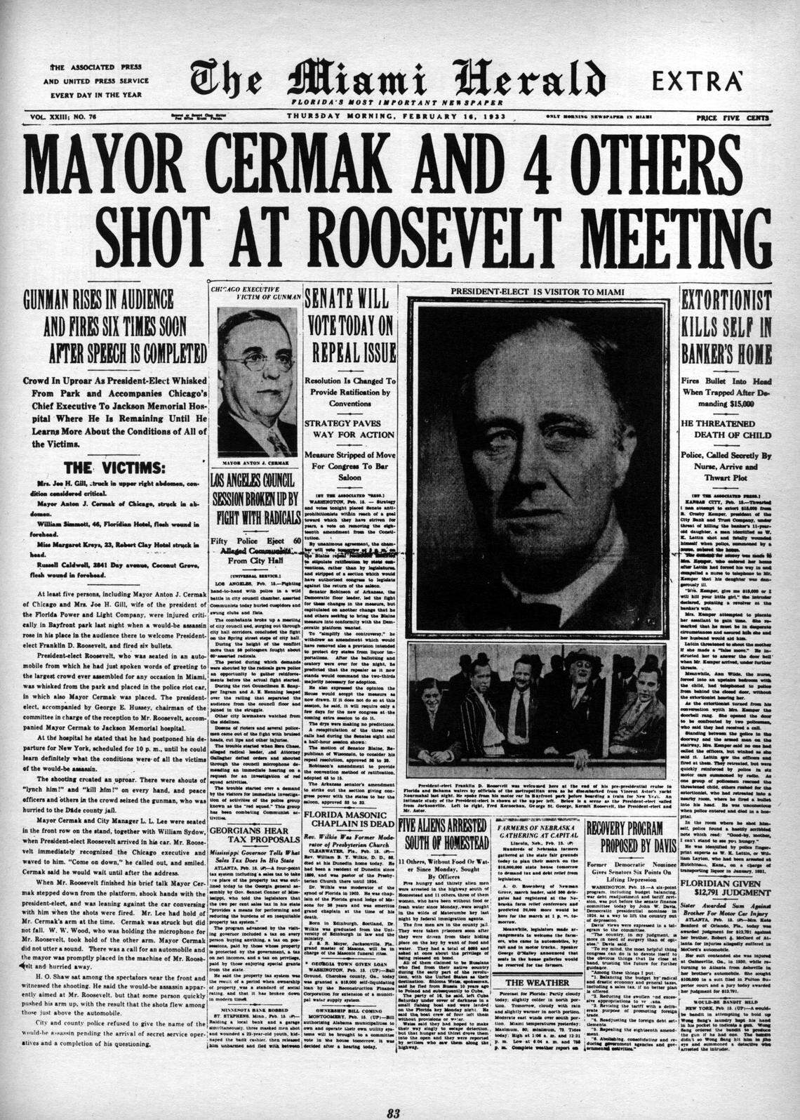 An assassin tried to murder President-elect Franklin D. Roosevelt at Miami's Bayfront Park in 1933. Visiting Chicago mayor Anton Cermak, one of five victims struck by the gunfire, died about three weeks later.
