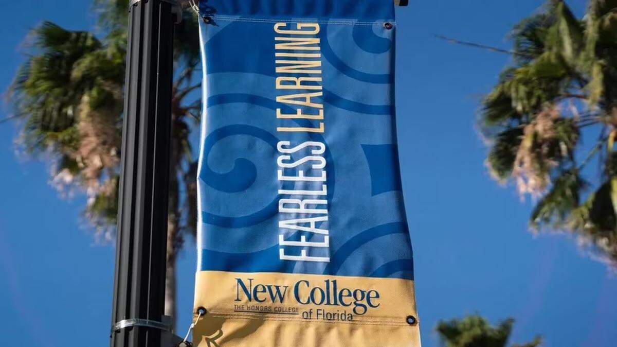 A school banner decorates the campus of New College of Florida in Sarasota on Jan. 10, 2023.