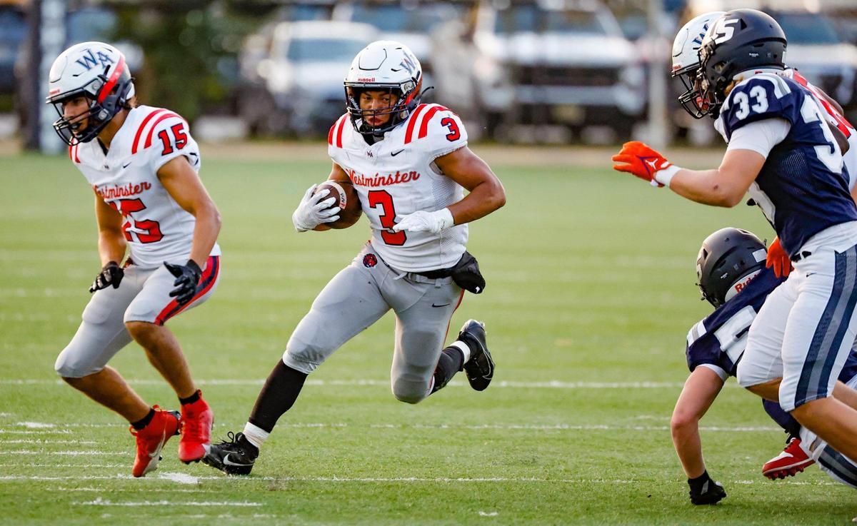 Westminster High School’s running back Alonso Collins (3) carries the ball during the game against University School at AutoNation Field at the University School campus in Davie, Fl. on Thursday, November 2, 2023.