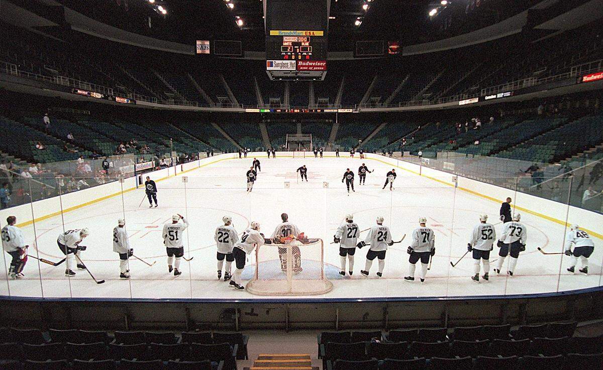 Florida Panthers players do conditioning drills at Miami Arena, during the first two weeks of training camp before the 1997-98 season. The Panthers also did the first weeks of their first training camp, in 1993, at Miami Arena.