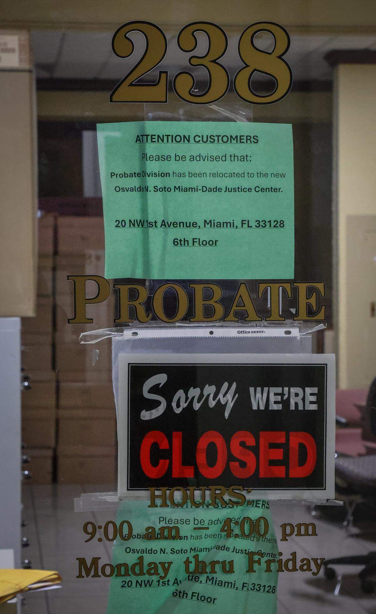 Documents are boxed for moving in the Probate Office inside the old courthouse in Miami, Florida, on Wednesday, January 14, 2026. The Dade County Courthouse is significant as an excellent example of Neo-Classical architecture. The detailing of the remaining historic interior spaces and features continue to reflect this distinctive style and contributes to a more complete understanding of the historic character of the Courthouse.
