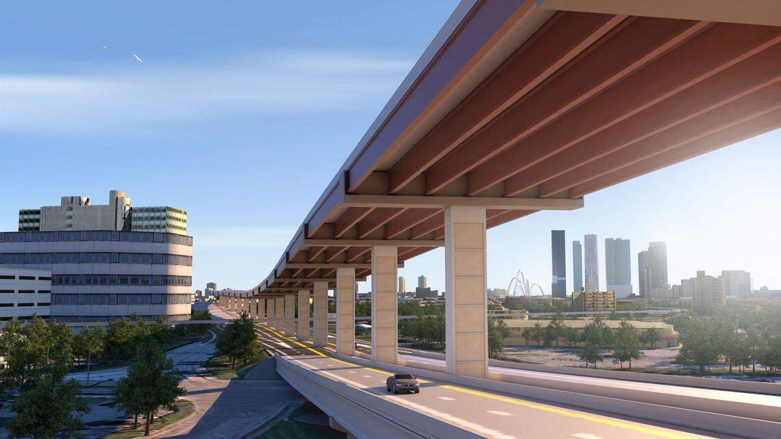 A rendering of the proposed “viaduct,” an elevated highway over the existing 836 that allows motorists to bypass some local exits as part of the new I-395 “signature bridge” project in downtown Miami.