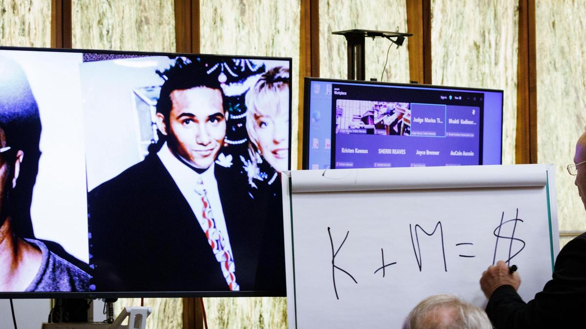Scott Warfman, assistant state attorney, right, draws “kidnapping plus murder equals money” during his opening statement in the death penalty resentencing case of Noel Doorbal, center, and Daniel Lugo, left, pictured from years ago, on Monday, Dec. 2, 2024, at the Richard E. Gerstein Criminal Courthouse in Miami.