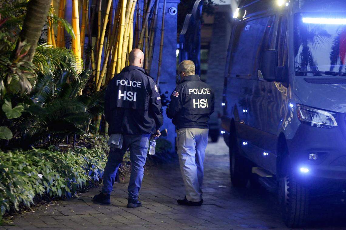 Federal agents outside the Star Island mansion of Sean ‘Diddy’ Combs on Monday, March 25, 2024, in Miami Beach, Florida, which they raided along with his home in Los Angeles amid a sex-trafficking investigation.