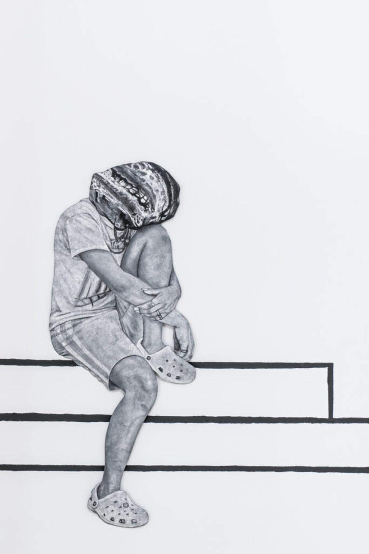 Chris Friday’s “The Stoop” explores solitude and interiority through delicate graphite rendering in “What’s My Line? Drawing as Experience,” curated by Dimitry Saïd Chamy and Charo Oquet at the Miami Beach Regional Library.