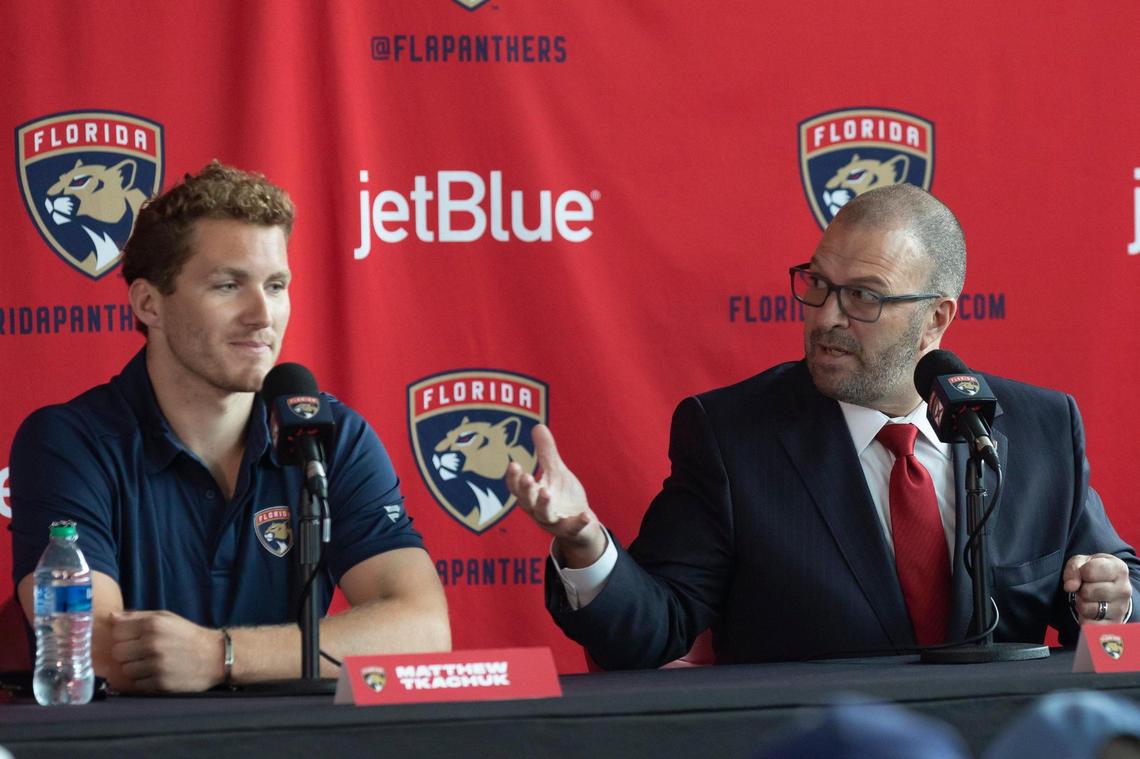 Forward Matthew Tkachuk (left) and Florida Panthers General Manager Bill Zito speak at a Florida Panthers introductory press conference at FLA Live Arena in Sunrise, Florida on Monday, July 25, 2022.