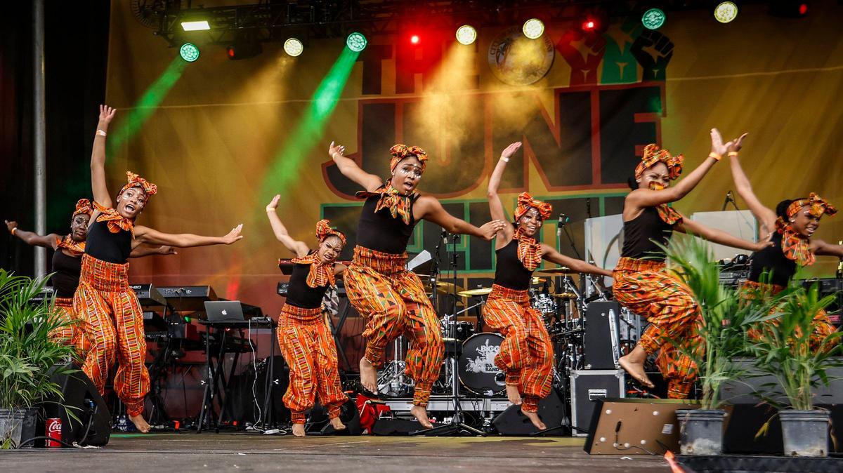 Simone’s Just Dance performers on stage during the 4th Annual Juneteenth Park-In & Party Celebration at Hard Rock Stadium in Miami Gardens, Florida, on Saturday, June 15, 2024.