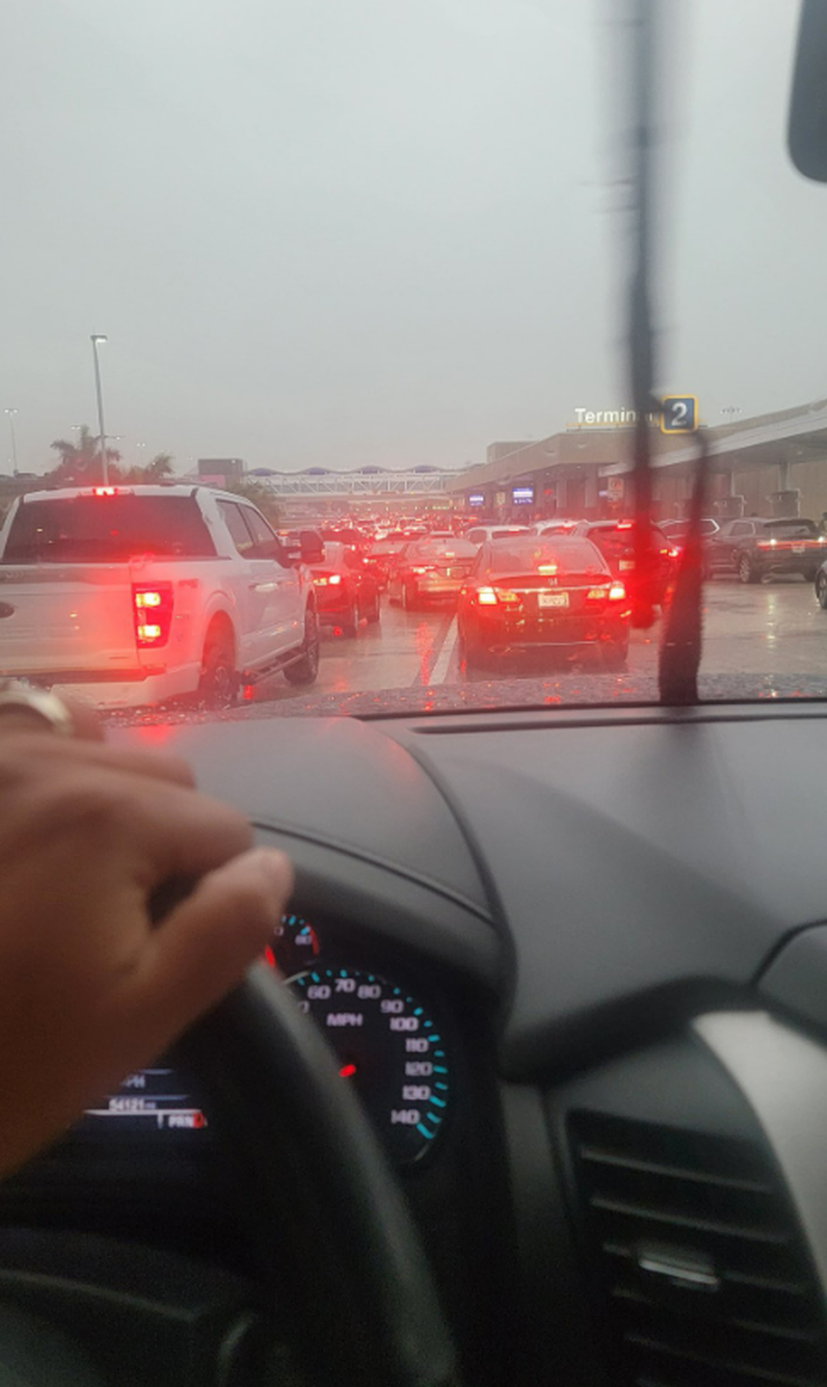 Bumper-to-bumper traffic remained at the Fort Lauderdale-Hollywood International Airport during the evening of April 12, 2023, after heavy rains caused the airport to close and surrounding streets to flood.