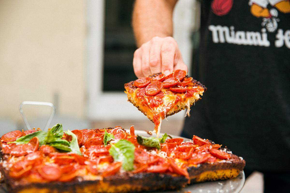 Pepperoni and hot honey Sicilian-style pie at the new Eleventh Street Pizza in Kendall.