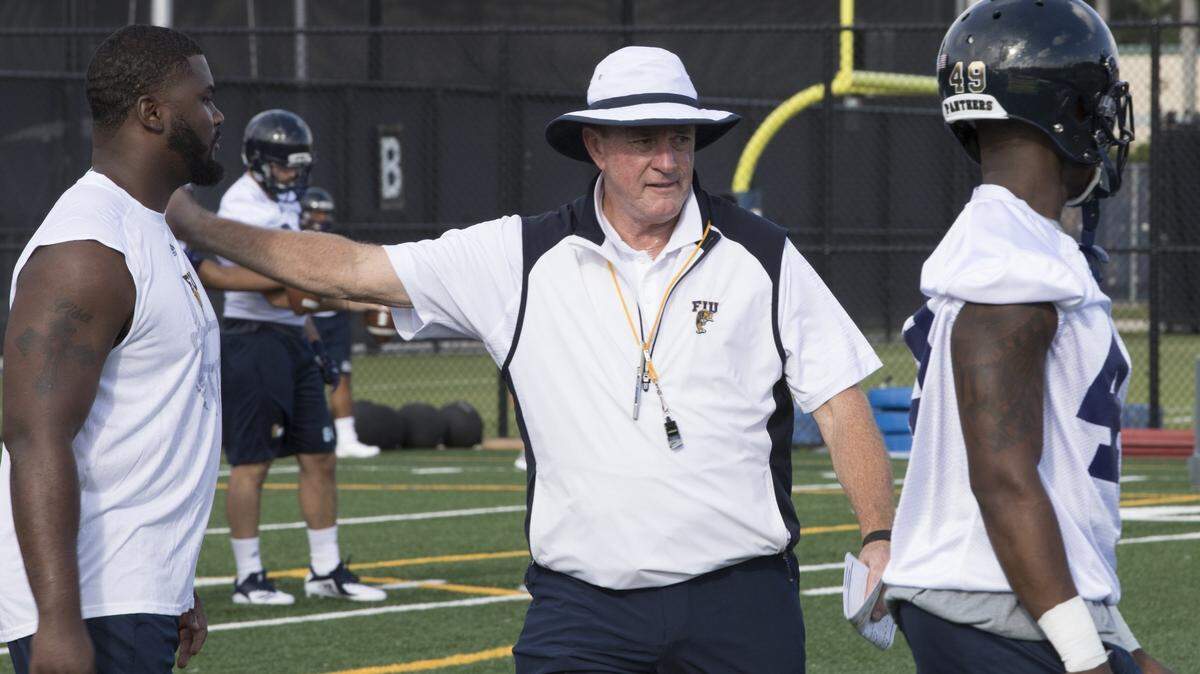 Florida International University (FIU) Panthers football head coach Butch Davis during the team’s first practice of the 2018 season at FIU’s on-campus practice field in Miami Fla. on Friday, August 3, 2018.