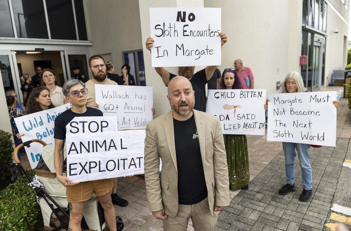 ‘Not a selfie prop’: Animal advocates protest sloth attraction in Broward