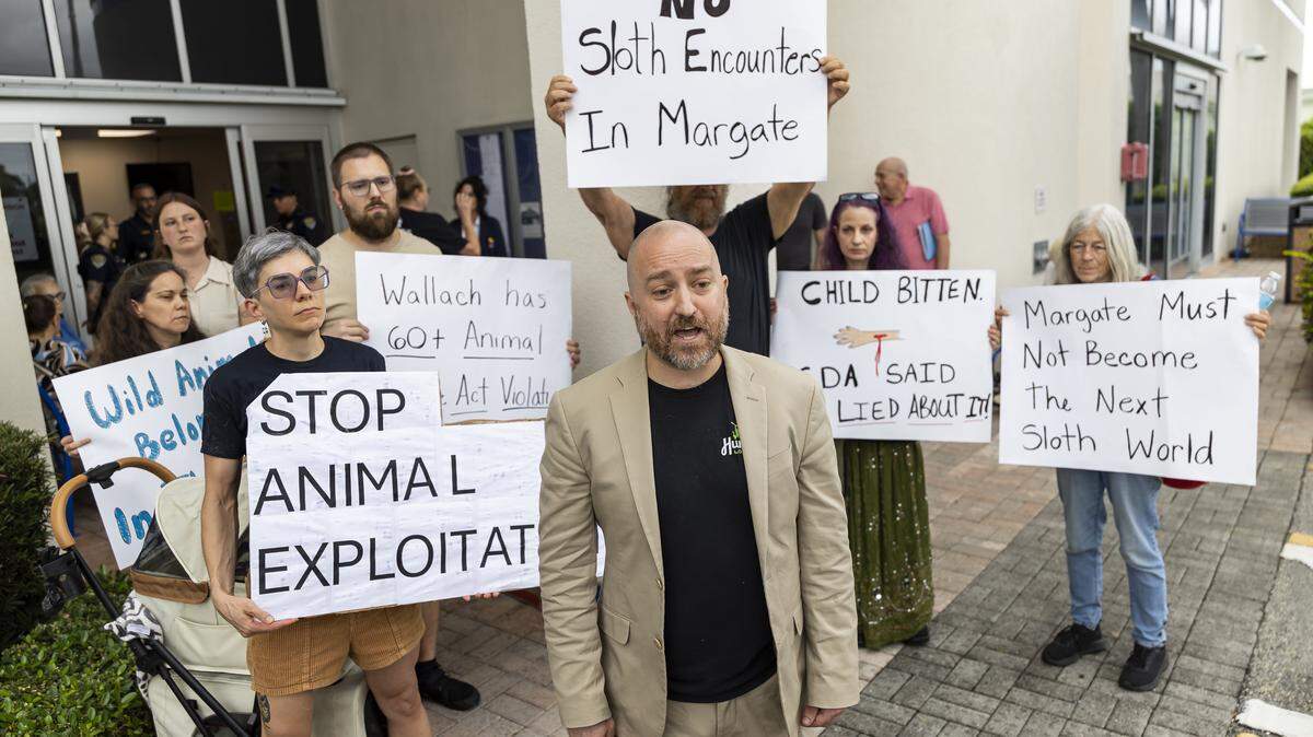 John Di Leonardo, founder and executive director of Humane Long Island, joins protestors outside Margate City Hall ahead of a commission meeting on Wednesday, June 3, 2026, in Margate, Fla. Protestors gathered at city hall in opposition to Larry Wallach’s pending application to open a sloth encounter business in Margate.
