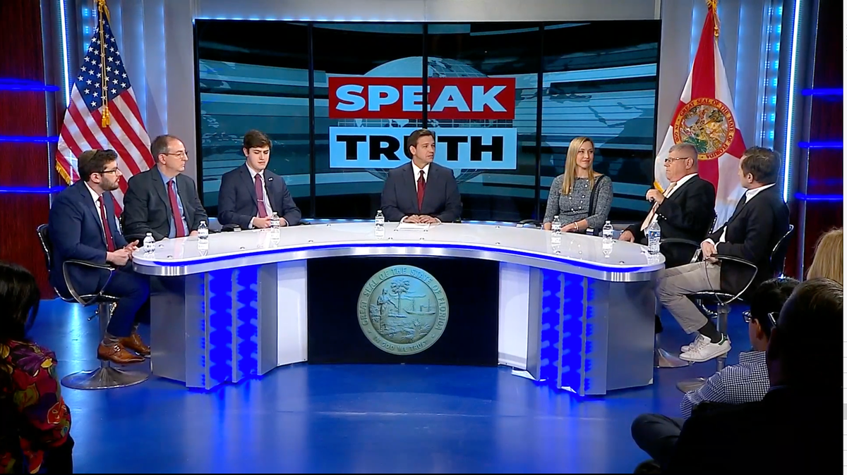 Gov. Ron DeSantis first called for legislation to make it easier to sue news organizations and others for defamation at a Feb. 7 roundtable in which he sat in a mock cable news set with a panel of commentators who had sued legacy media companies,