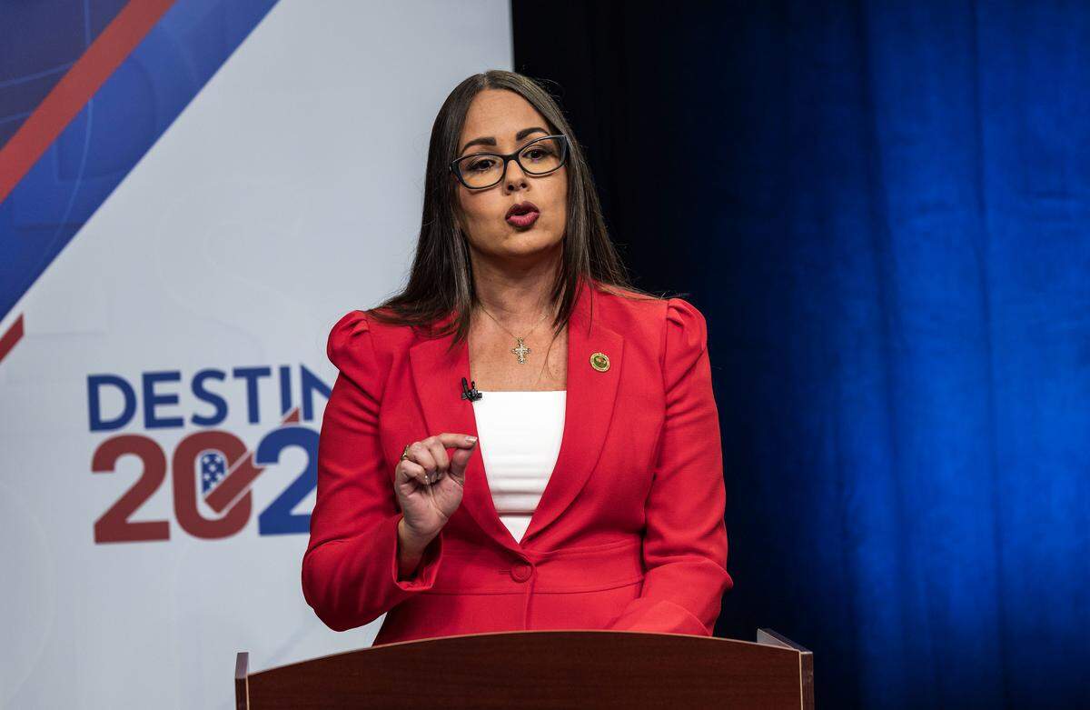 Interim Mayor Jackie Garcia-Roves speaks during a Hialeah mayoral debate Wednesday night at Univision 23 ahead of the Nov. 4 elections.