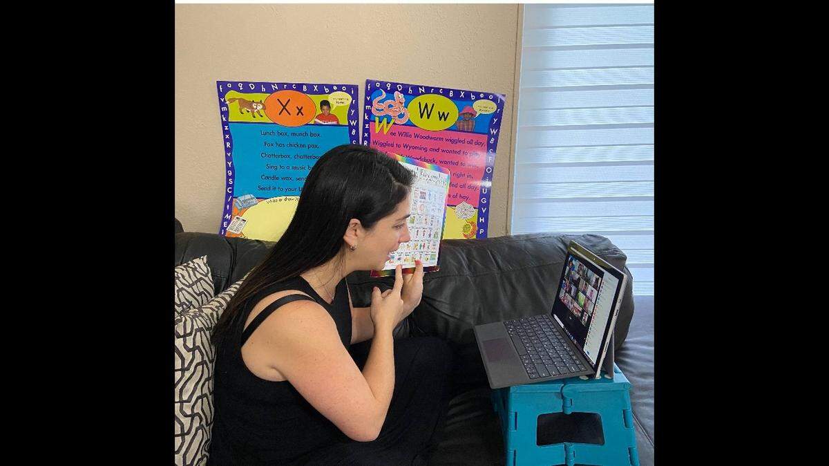 Jessica Steszewski, 31, teaches her pre-school class over Zoom. She normally would teach at Ruth K. Broad Bay Harbor K-8 Center in Bay Harbor Islands.