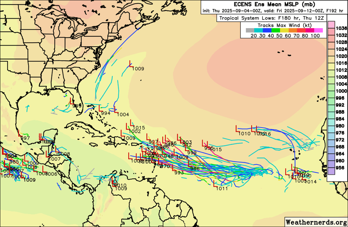 The Thursday morning run of the European model suggests the tropical wave in the east Atlantic will strengthen into at least a tropical depression and bear west toward the Caribbean by next Friday.