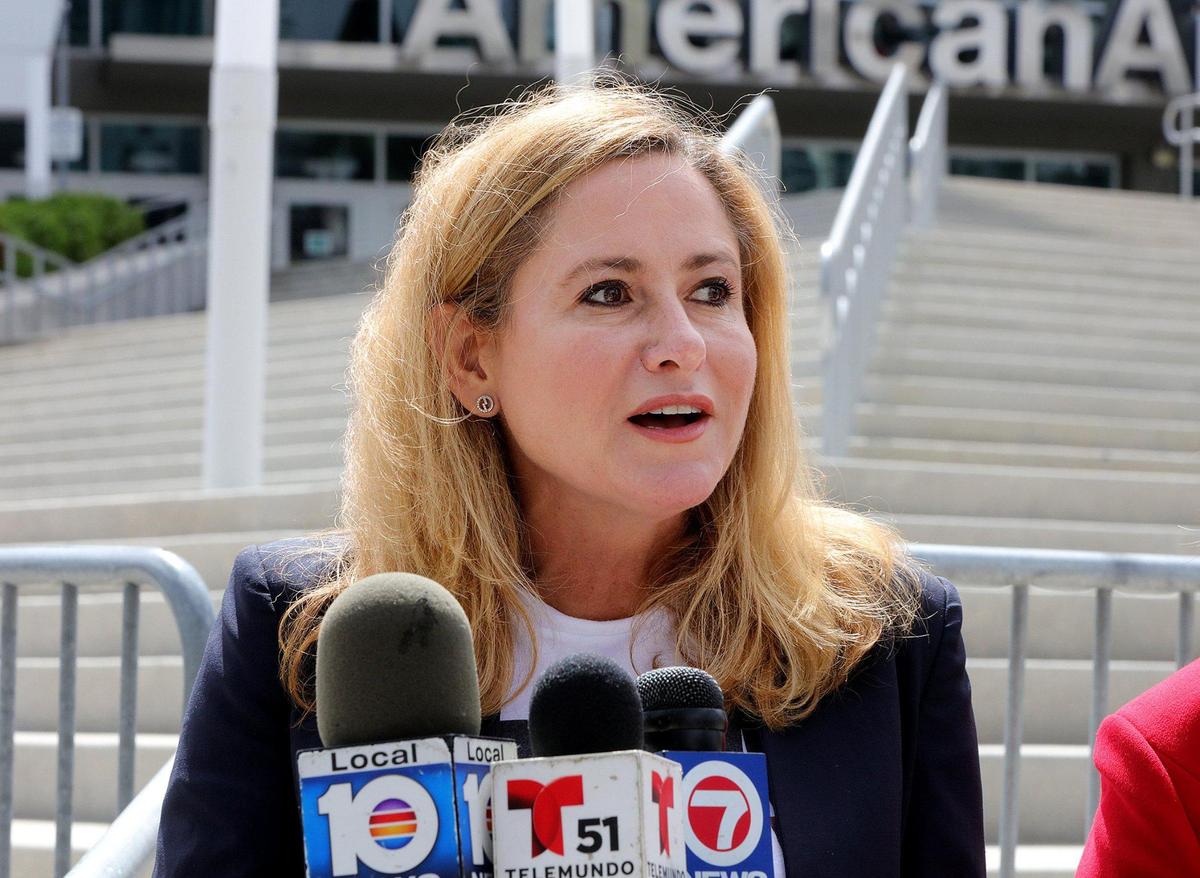 Congresswoman Debbie Mucarsel-Powell speaks during a press conference outside of the American Airlines Arena on “Miami-Dade County Mayor Carlos Gimenez’s clear power grab over elections oversight” on Saturday, September 5, 2020.