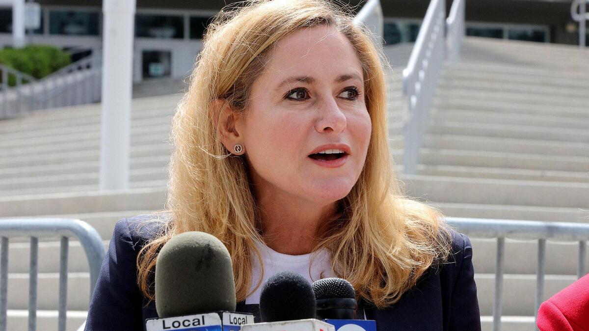 Congresswoman Debbie Mucarsel-Powell speaks during a press conference outside of the American Airlines Arena on “Miami-Dade County Mayor Carlos Gimenez’s clear power grab over elections oversight” . on Saturday, September 05, 2020