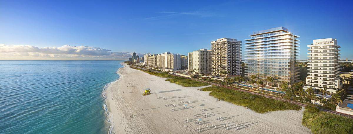Architectural rendering of 57 Ocean (second building from the right) at 5775 Collins Avenue in Miami Beach.