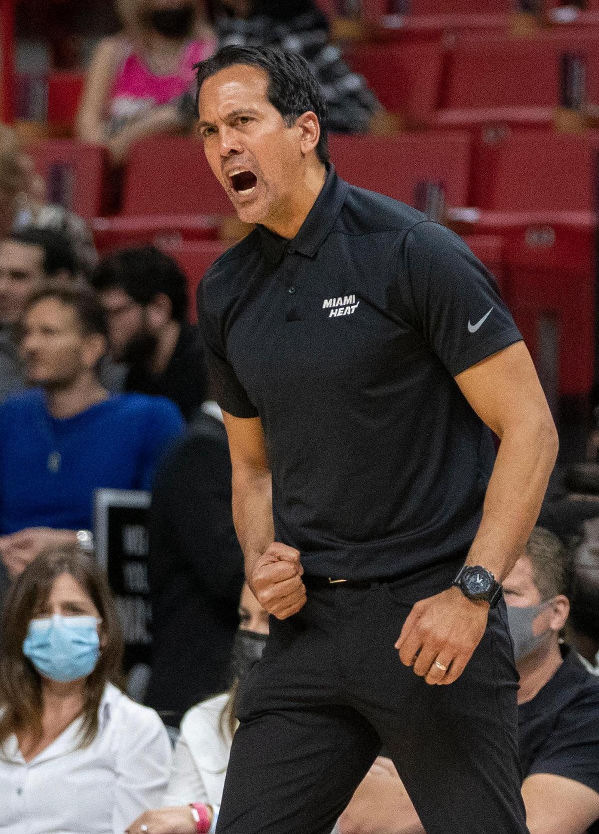 Miami Heat coach Erik Spoelstra shouts in the second quarter during game against the Chicago Bulls at the FTX Arena in Miami on Saturday, December 1, 2021.