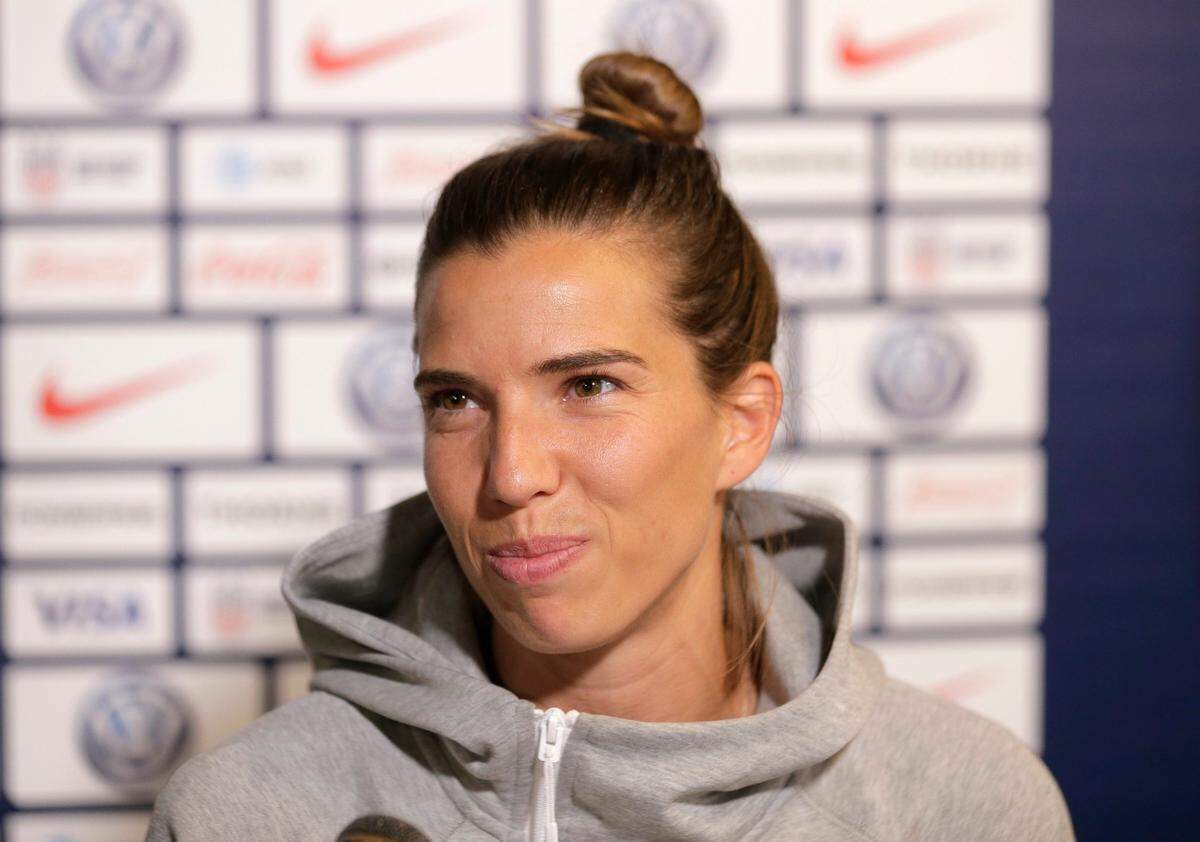 Tobin Heath, a member of the United States women’s national soccer team, speaks to reporters during a media day in New York, Friday, May 24, 2019.