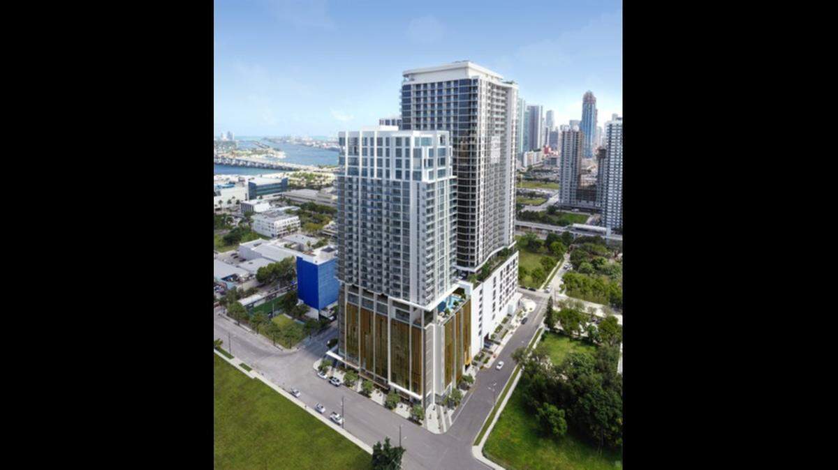Architectural rendering of the UNI Tower, a mixed-use project to be located at 1640 NE First Ave. in Miami. The building is located inside an Opportunity Zone and will feature 252 affordable housing units along with office and retail space.