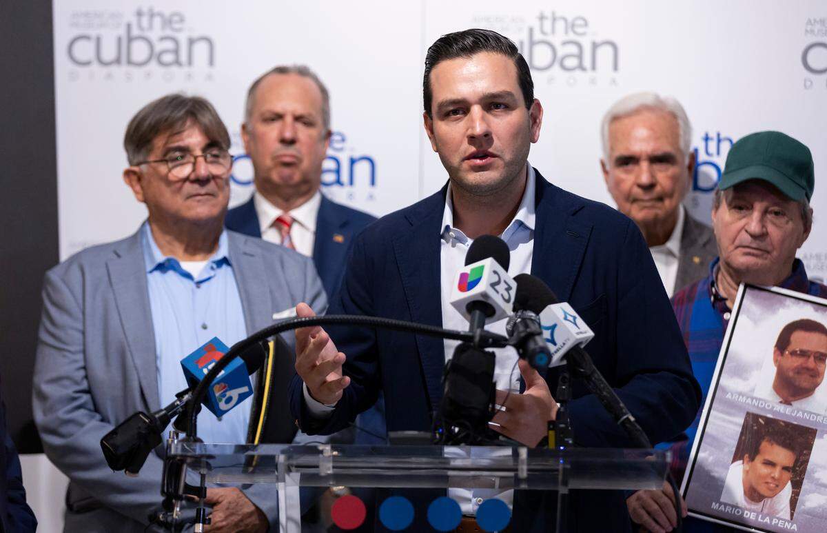 Commissioner Kevin Cabrera speaks during a press conference at the American Museum of the Cuban Diaspora on Tuesday, Sept. 24, 2024, in Miami, Fla. Members of the Florida Bar called on local and state authorities to indict retired Cuban colonel Luis Raúl González-Pardo, who is residing in the United States, for his alleged role in the 1996 shoot-down of two civilian planes over the Florida Straits that killed four Miamians.
