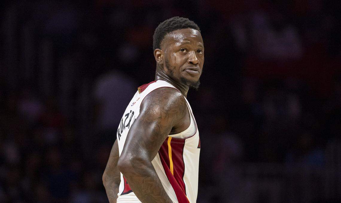 Miami Heat guard Terry Rozier (2) reacts after a play against the Memphis Grizzlies in the second half of their NBA preseason game at Kaseya Center on Oct. 17, 2025, in Miami.