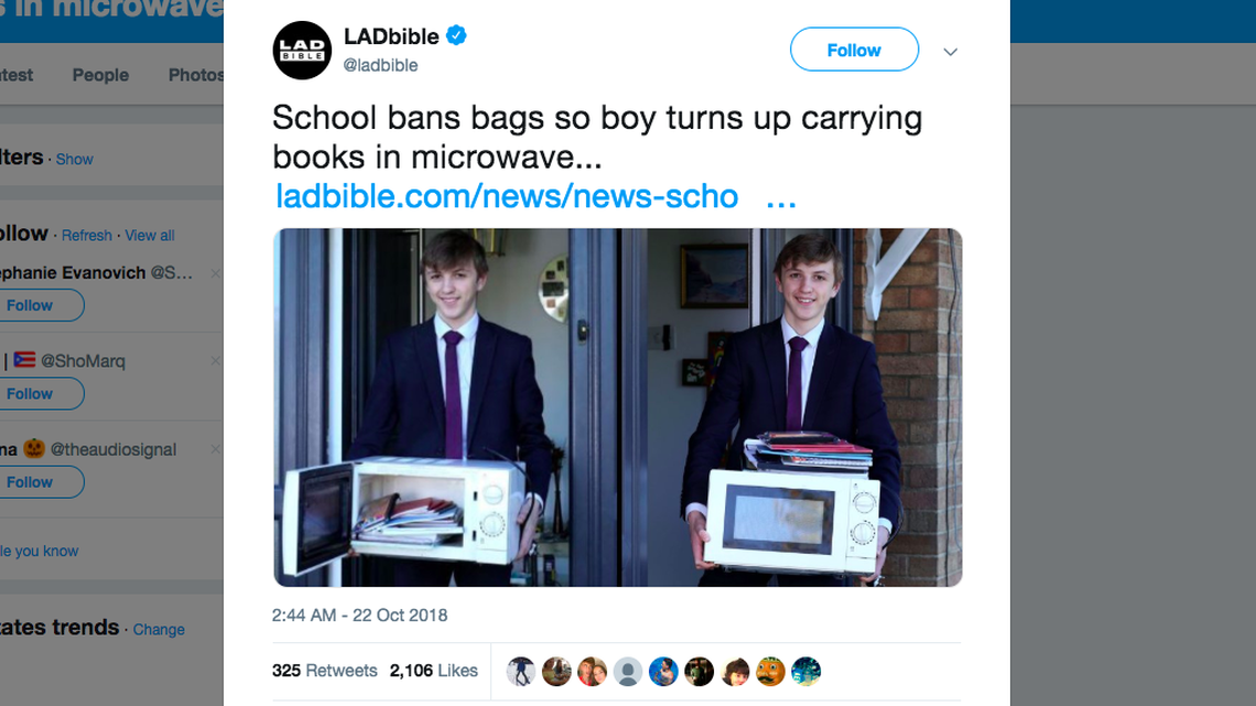 Spalding Grammar School student Jacob Ford in the UK protested a ban on backpacks by taking supplies to school in a microwave. He was suspended. The school enforced a bag ban for safety reasons, it said.
