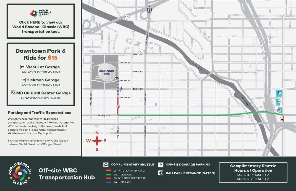 A map showing the location of the parking hub set up for the World Baseball Classic.