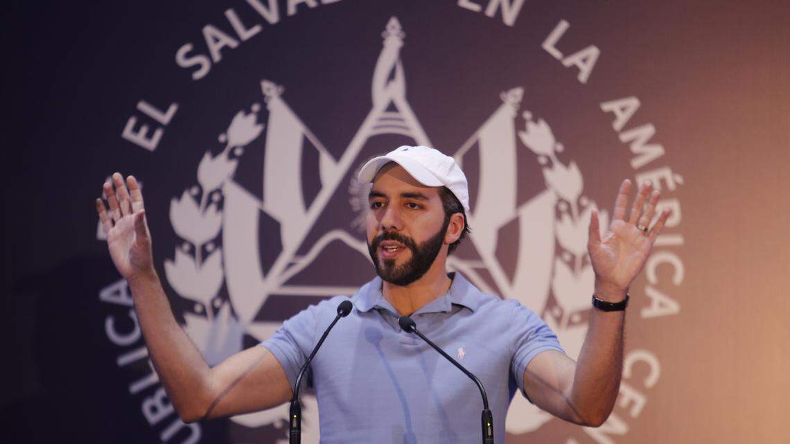 Incumbent Salvadoran President Nayib Bukele speaks at a press conference during the presidential election in San Salvador, El Salvador on Feb. 4.