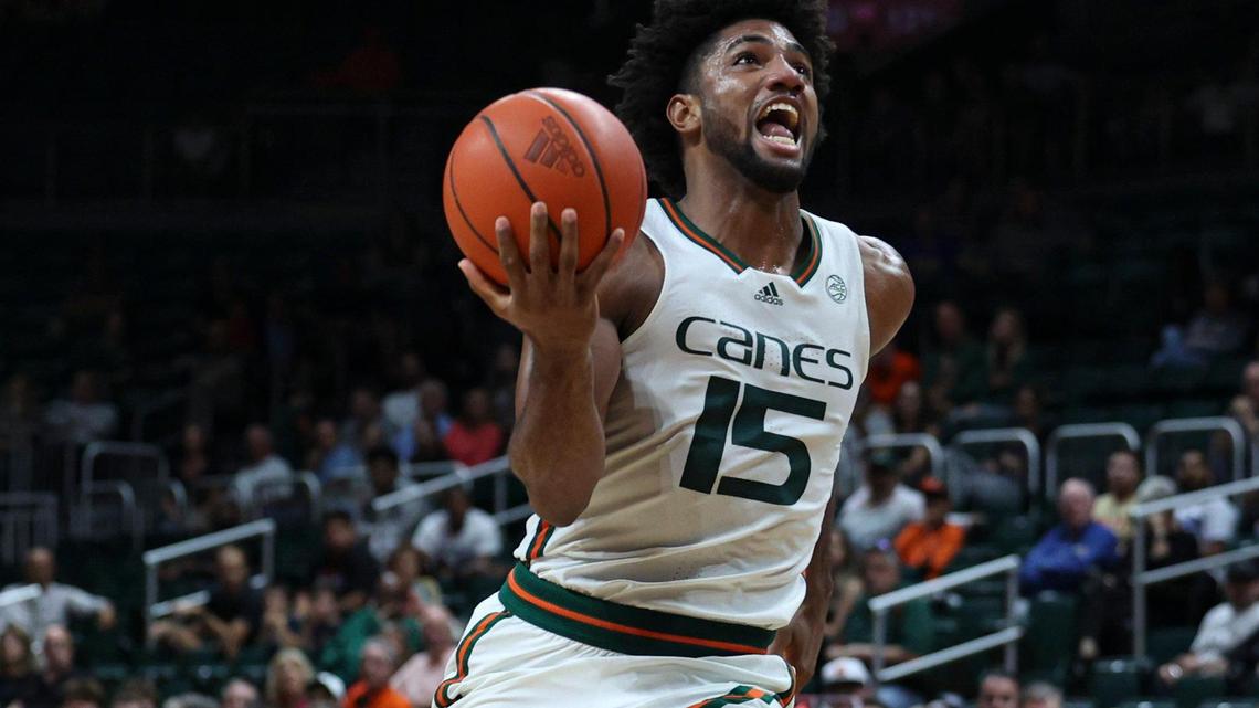 Miami forward Norchad Omier (15) drives the ball during the first half of a NCAA men’s basketball game between the University of Miami Hurricanes and the St. Francis Brooklyn Terriers on Wednesday, Nov. 23, 2022, at the Watsco Center in Coral Gables.