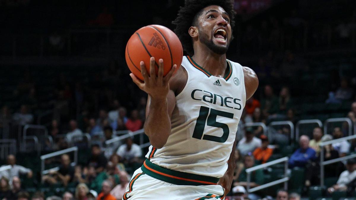 Miami forward Norchad Omier (15) drives the ball during the first half of a NCAA men’s basketball game between the University of Miami Hurricanes and the St. Francis Brooklyn Terriers on Wednesday, Nov. 23, 2022, at the Watsco Center in Coral Gables.