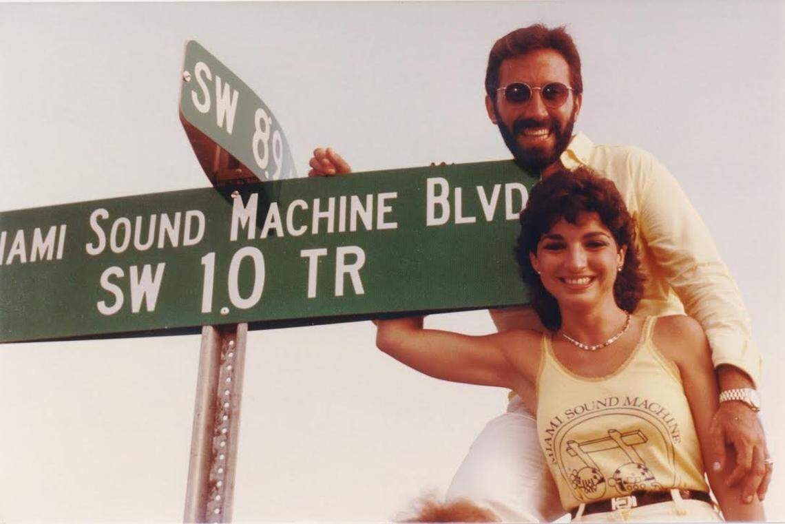 Gloria and Emilio Estefan, circa 1985, posing with a Southwest 10th Terrace street sign, after the street had been renamed Miami Sound Machine Blvd. Some of the Miami Sound Machine and Gloria Estefan hits were recorded at Criteria Studios, including the “Let It Loose” album and its No. 1 hit single, “Anything for You” in 1987.