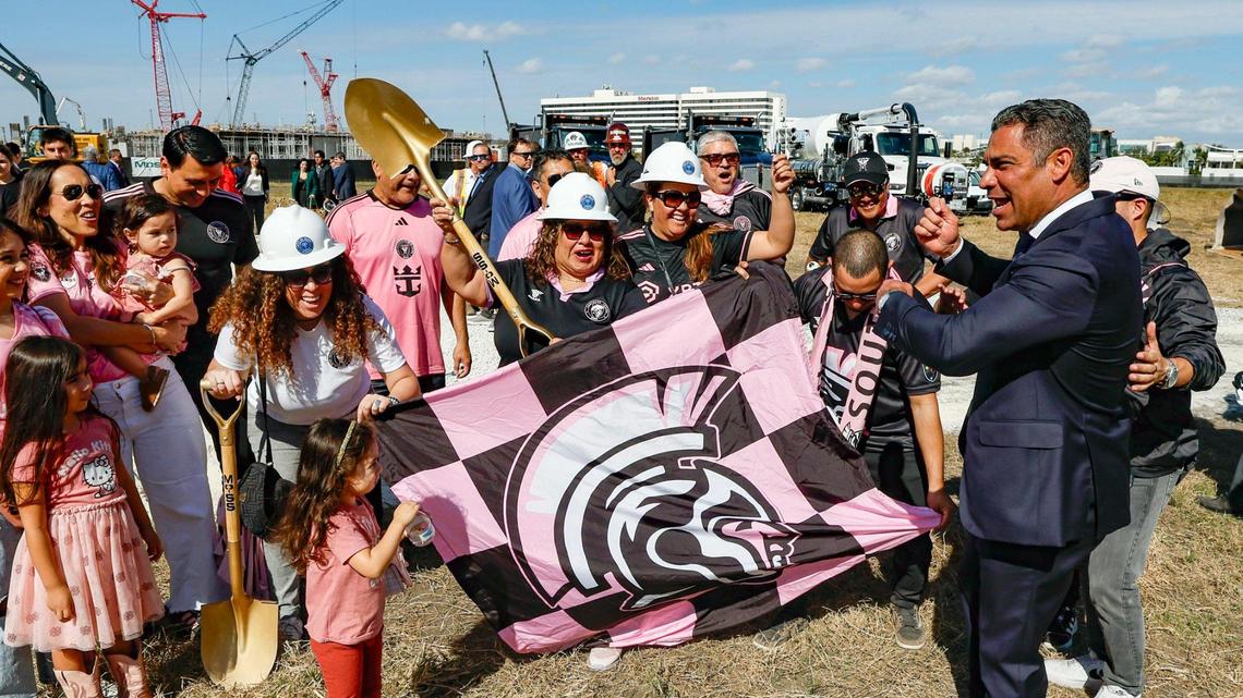 Miami Mayor Francis Suarez, at right, celebrates with members of the Southern Legion support group for Inter Miami CF after a groundbreaking ceremony at the future site of Miami Freedom Park on Wednesday, Jan. 15, 2025.